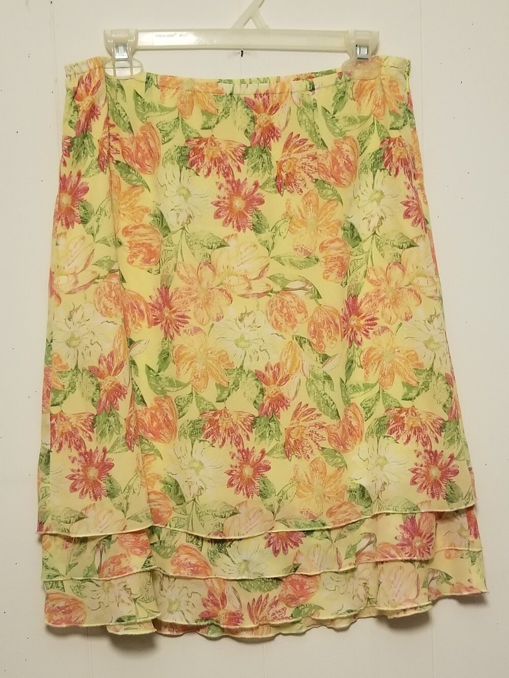 Christopher & Banks Floral Tiered Midi Skirt Yellow Peach Green Women's Size 8